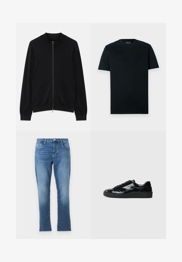 Sort langærmet zip-up cardigan med ribbet rund hals, manchetter og kant, vist mod en hvid baggrund.; Sort t-shirt lavet af bomuld; har et mat logo design i midten. Klassisk rund hals, korte ærmer og lige kant.; Blå denimjeans med lige pasform, forreste knap- og lynlåslukning samt fem-lomme-design, vist på en ensartet lys baggrund.; Sorte laklæder sneakers med rund tå, snørredesign, tekstureret gummisål og en glat overflade.