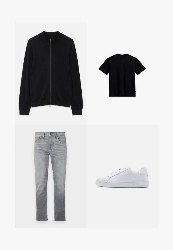 Sort langærmet zip-up cardigan med ribbet rund hals, manchetter og kant, vist mod en hvid baggrund.; Sort kortærmet t-shirt lavet af blødt stof, med en rund udskæring og en klassisk pasform uden mønstre eller detaljer.; Grå denimjeans med et lige ben-design, der har fem lommer, knaplukning og diskret falming.; Hvide lædersneakers med en glat overflade, rund tå, snørebånd foran og flad gummisål. Har prægede branding på hælen.