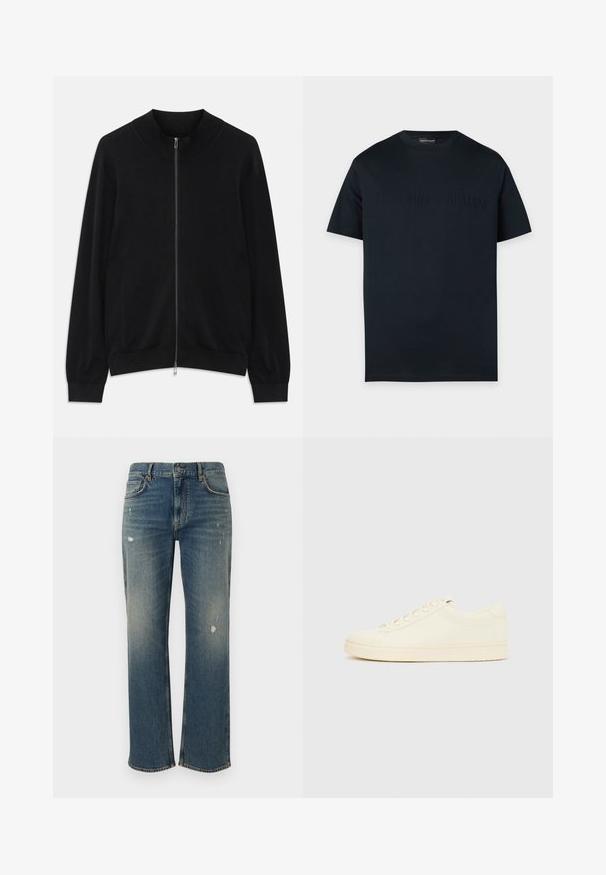 Sort langærmet zip-up cardigan med ribbet rund hals, manchetter og kant, vist mod en hvid baggrund.; Sort t-shirt med korte ærmer og rund hals med subtilt præget Emporio Armani-logo over brystet på en ensfarvet baggrund.; Denim jeans i medium blå med lige pasform, der har let slid og distressed lapper. Klassisk fem-lomme design og knaplukning i toppen.; Sneaker i cremefarve med en glat læderoverdel, rundet tå, snørelukning foran og en tekstureret gummisål. Minimalistisk design uden logoer.