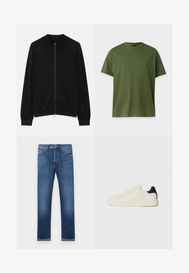 Sort langærmet zip-up cardigan med ribbet rund hals, manchetter og kant, vist mod en hvid baggrund.; Enkelt olivengrønt T-shirt med korte ærmer med et lille flerfarvet zebra-logo på venstre bryst mod en lys baggrund.; Herre jeans i blå denim med lige ben, knappelukning, fem-lomme design og opbukket kant mod en hvid baggrund.; Hvide lædersneakers med en navalæderdetalje ved hælen, rund tå, flad gummisål og snørebånd foran med seks øjetræk.