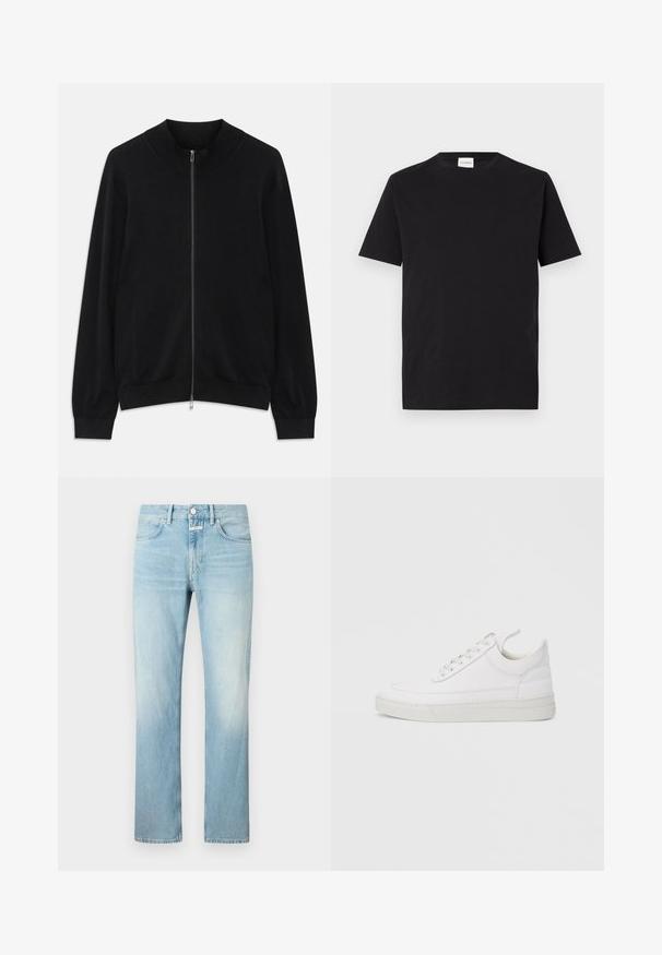 Sort langærmet zip-up cardigan med ribbet rund hals, manchetter og kant, vist mod en hvid baggrund.; Sort bomulds T-shirt med rund hals og korte ærmer. Har et lige snit og et minimalistisk design, med et mærke synligt ved kraven.; Lysblå denimjeans med lige ben, der har et klassisk femlomme-design og en knappelukning.; Hvid lædersneaker med rundet tå, flad sål og snørebånd foran. Har syningsdetaljer og polstret krave for komfort.