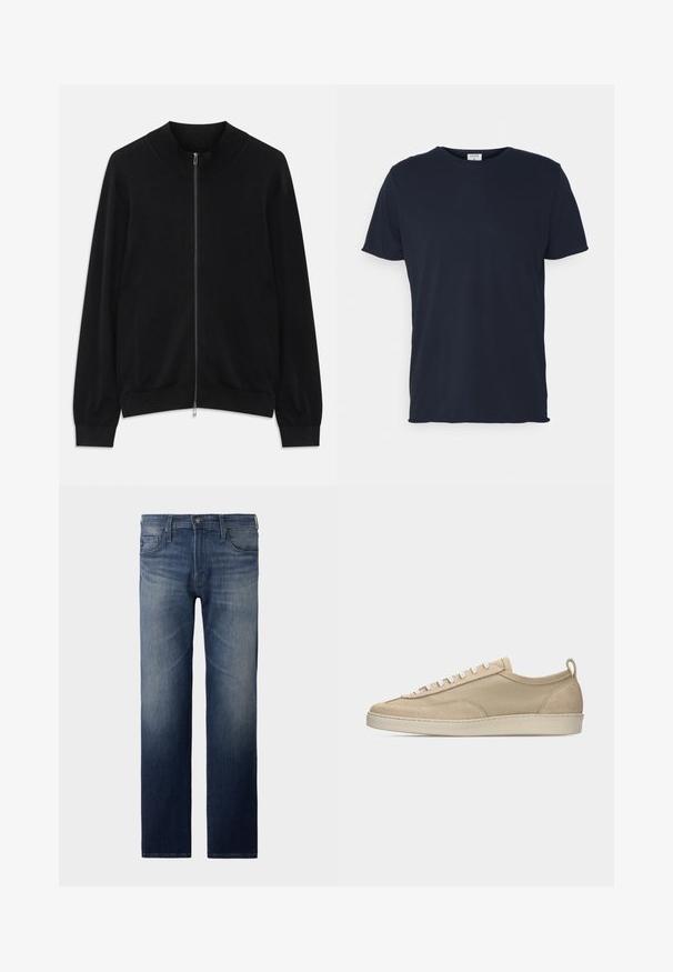 Sort langærmet zip-up cardigan med ribbet rund hals, manchetter og kant, vist mod en hvid baggrund.; Marineblå bomulds t-shirt med rund hals og korte ærmer, med en glat tekstur og enkel design, uden synlige mønstre eller accenter.; Straight-leg jeans i mørkeblåt vask. Har fem lommer, lynlås og knaplukning. Let slidte tekstur ved låret. Denim stof.; Beige lavtop sneakers med overdel i stof og ruskind, hvide snørebånd, gummisål og hælstrækkehank, vist i sideprofil på hvid baggrund.