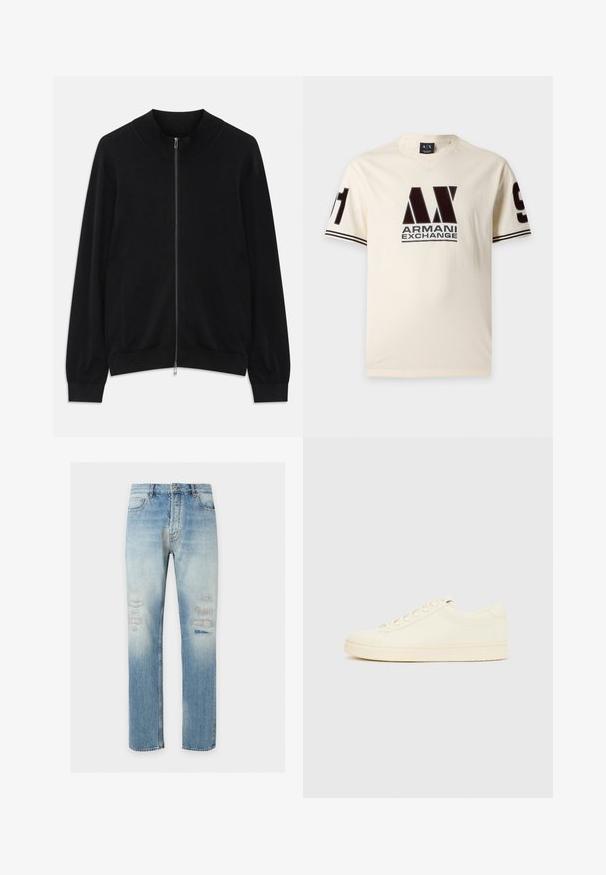 Sort langærmet zip-up cardigan med ribbet rund hals, manchetter og kant, vist mod en hvid baggrund.; Kremfarvet Armani Exchange kortærmet t-shirt med sort logo foran og nummer 91 på begge ærmer med dobbel stribe detalje.; Lyseblå straight-leg jeans med subtile falmede og slidte detaljer på forreste lår, klassisk fem-lomme-stil og knaplukning.; Sneaker i cremefarve med en glat læderoverdel, rundet tå, snørelukning foran og en tekstureret gummisål. Minimalistisk design uden logoer.