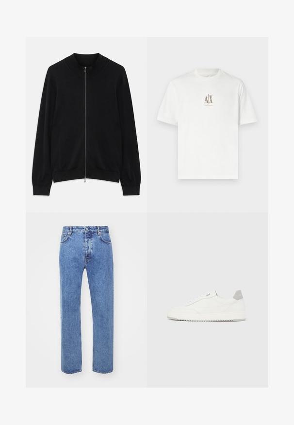 Zwarte lange mouwen ritssluiting cardigan met ribgebreide ronde hals, manchetten en zoom, tentoongesteld tegen een witte achtergrond.; Witte katoenen t-shirt met een ronde hals. Heeft een klein beige logo "A|X" en "ARMANI EXCHANGE" gedrukt eronder. Korte mouwen, normale pasvorm.; Won Hundred STEVE - Relaxed fit jeans - cut blue; Witte lage sneaker met grijze hielpatch, witte veters en een gestructureerde zool, gepresenteerd op een effen lichte achtergrond.