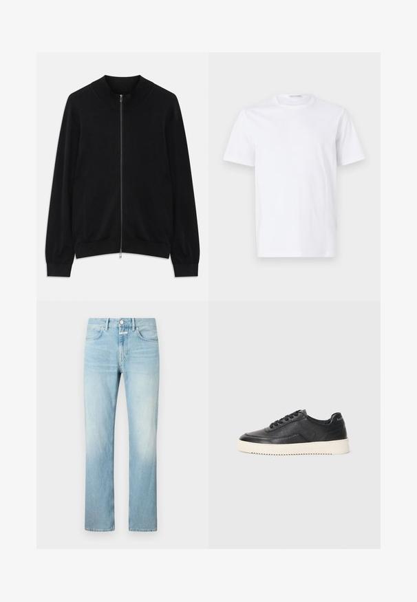 Čierny cardigan na zips s dlhým rukávom a rebrovaným okrúhlym výstrihom, manžetami a lemom, zobrazený na bielom pozadí.; Biely bavlnený tričko s okrúhlym výstrihom a krátkymi rukávmi. Hladká textúra, rovný strih a minimalistický dizajn bez vzorov alebo akcentov.; Svetlomodré džínsy s rovnými nohavicami, s klasickým dizajnom piatich vreciek a so zapínaním na gombíky.; Čierne kožené tenisky s textúrovaným povrchom, okrúhlou špičkou a plochou bielou gumovou podrážkou. Obsahujú čierne šnúrky a značku na päte.