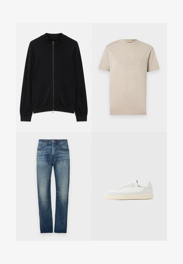 Sort langærmet zip-up cardigan med ribbet rund hals, manchetter og kant, vist mod en hvid baggrund.; Beige T-shirt med korte ærmer og en applieret ørn-logo samt initialerne "GA" centreret på brystet.; Mørkeblå denimjeans med straight ben, der har let falmet effekt, fem lommer og en knaplukning ved taljen.; Hvid sneakers med en øvre del i tekstureret ruskind og læder. Har rundet tå, snørelukning og kontrasterende beige gummisål.