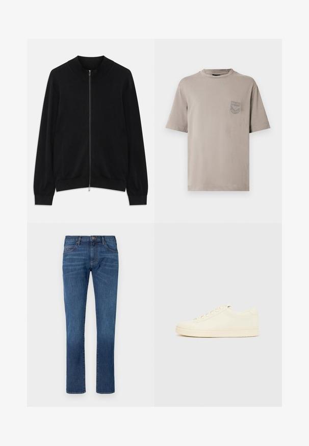 Sort langærmet zip-up cardigan med ribbet rund hals, manchetter og kant, vist mod en hvid baggrund.; Grå bomuld T-shirt med korte ærmer, rund halsudskæring og lille brystlomme med broderet brandlogo. Blød tekstur og afslappet pasform.; Blå denimjeans med lige ben, der har et klassisk design med fem lommer og knaplukning. Diskret falming over stofteksturområdet.; Sneaker i cremefarve med en glat læderoverdel, rundet tå, snørelukning foran og en tekstureret gummisål. Minimalistisk design uden logoer.