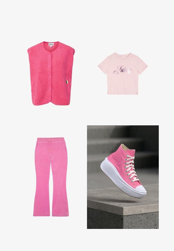 Chaleco sin mangas de peluche rosa con cierre de botones, cuello redondeado y bolsillo lateral que presenta una pequeña etiqueta. Material suave y texturizado.; Camiseta de algodón de manga corta en color rosa, con un script metálico plateado que dice "Juicy" en el frente. Diseño sencillo de cuello redondo.; Pantalones acampanados rosas hechos de una suave tela aterciopelada con una banda elástica en la cintura y un cordón. Cuenta con dos bolsillos laterales y con detalles dorados.; Zapatilla deportiva alta rosa con cordones blancos y suela blanca gruesa flotando sobre un borde de hormigón con un fondo de escaleras desenfocado.