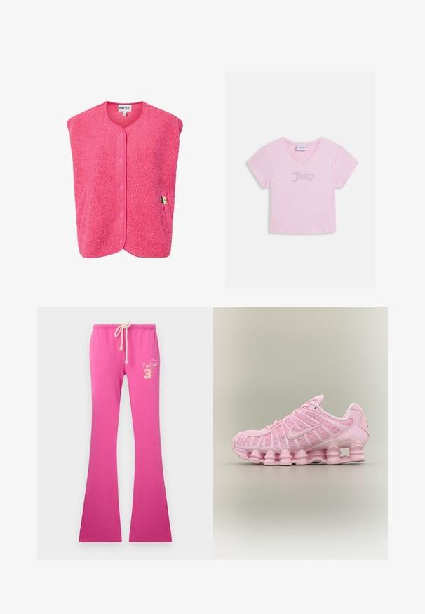 Chaleco sin mangas de peluche rosa con cierre de botones, cuello redondeado y bolsillo lateral que presenta una pequeña etiqueta. Material suave y texturizado.; Top corto rosa claro de manga corta y escote en V con el texto "Juicy" en pedrería centrado en el pecho.; Pantalones de chándal rosa acampanados con cintura ajustable, que presentan una textura suave y un diseño bordado en el lado izquierdo.; Zapatilla rosa de Nike con suela acolchada única, parte superior de malla, cordones y logo Nike swoosh en el lateral, mostrada sobre un fondo neutro.