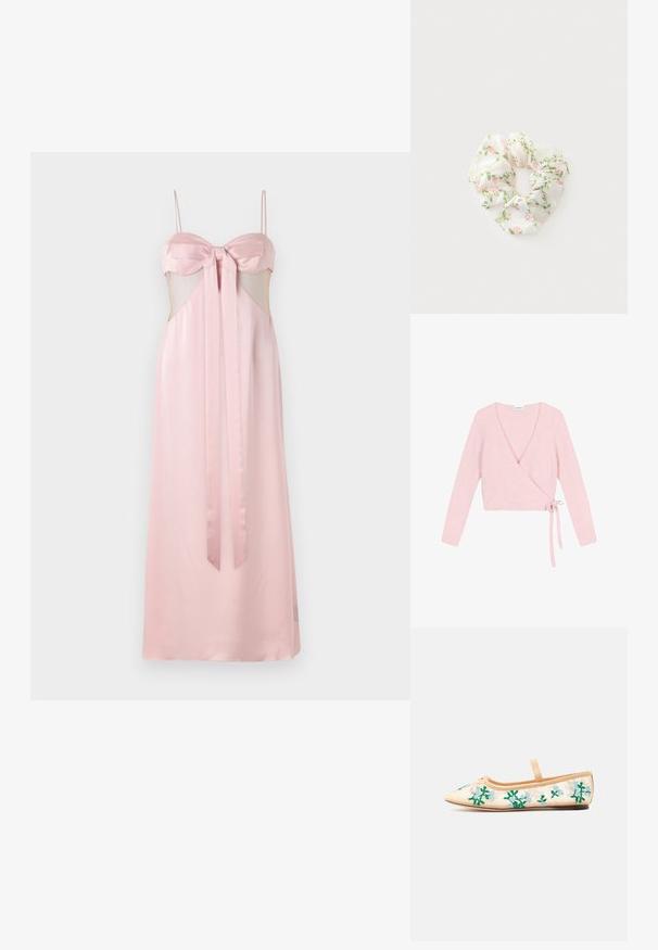Pull enroulé en matériau doux et léger rose pâle. Présente des manches longues, un décolleté en V profond et une fermeture à nouer sur le côté. Texturé avec une finition duveteuse.; Robe en satin rose avec des bretelles fines, un détail en nœud au niveau de la poitrine et des découpes latérales transparentes. Longue au sol avec une texture lisse.; Ballerine beige à bout pointu, avec une bride unique et une broderie florale verte et bleu clair sur les côtés en tulle transparent.; Chouchou en tissu blanc avec un motif de fleurs roses et de feuilles vertes sur un fond clair.