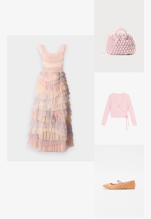 Suéter envolvente de material suave y rosa claro. Cuenta con mangas largas, escote en V pronunciado y cierre con lazo en el lateral. Texturizado con un acabado esponjoso.; Vestido maxi en capas que presenta suaves tonos de rosa, crema y volantes de tul lila, tejido texturizado y escote redondeado.; Bailarinas de cuero nude con punta afilada, correa exterior y detalle de hardware redondeado. Textura suave y diseño minimalista.; Bolso de mano texturizado en forma de pom-pom rosa con un asa trenzada y una correa delgada. Forma redonda, superficie suave, diseño compacto.