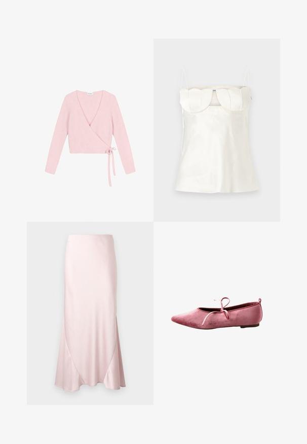 Indpakket sweater i blødt, lyserødt materiale. Har lange ærmer, dyb V-hals og bindelukning på siden. Teksturet har en fuzzy finish.; Hvid satin camisole med justerbare stropper, en struktureret, scalloped buste og en lige kant. Glat tekstur og minimalistisk design.; Lyserød satin midi-nederdel med A-formet silhuet og fine diagonale sømdetaljer på en ensfarvet baggrund.; Lyserød fløjl balletflat med spids tå, tynd sål og bundet sløjfe på toppen.