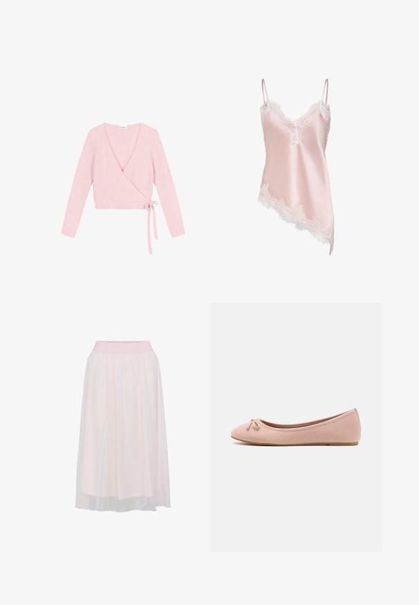 Suéter envolvente de material suave y rosa claro. Cuenta con mangas largas, escote en V pronunciado y cierre con lazo en el lateral. Texturizado con un acabado esponjoso.; Camisola de satén rosa claro con ribete de encaje blanco a lo largo del escote en V, el dobladillo y finas tiras ajustables para los hombros, con un dobladillo asimétrico.; Una falda de color rosa pálido, de longitud a la rodilla, con una cinturilla elástica y tela ligera plisada, que presenta una capa translúcida.; Bailarinas de suave ante rosa con punta redondeada y un pequeño lazo en la parte delantera, con una suela baja y plana.