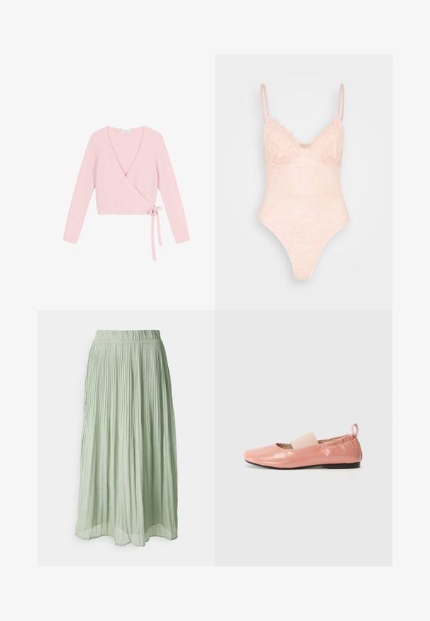Wickelpullover aus weichem, hellrosa Material. Mit langen Ärmeln, tiefem V-Ausschnitt und Bindeschluss an der Seite. Mit einer strukturierten, flauschigen Oberfläche.; IN THE STYLE LINGERIE BODYSUIT - Top - rosé; Faltiger Midirock aus leicht grünem Stoff mit weicher Textur. Elastischer Taillenbund, fließendes Design und subtiler Glanz.; Rosa synthetische Ballerinas mit glänzender Textur, einem quadratischen Zehenbereich und einem weichen elastischen Band über dem Fußrücken. Schwarze Gummisohle und Ziehschlaufe hinten.