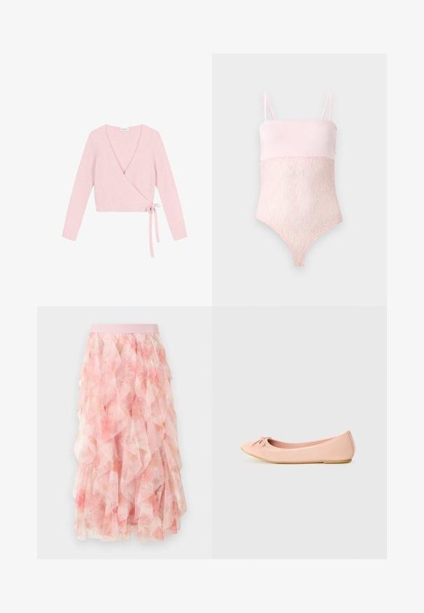 Suéter envolvente de material suave y rosa claro. Cuenta con mangas largas, escote en V pronunciado y cierre con lazo en el lateral. Texturizado con un acabado esponjoso.; Body de encaje rosa claro con tirantes finos y una parte superior lisa sobre un fondo liso y claro.; Falda midi de tul en capas rosa con patrón floral y cintura elástica, con texturas suaves y volantes.; Zapato plano de ballet en material sintético rosa claro con puntera redondeada, que presenta un pequeño detalle de lazo y una suela flexible.