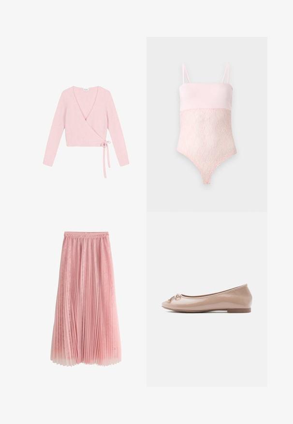 Suéter envolvente de material suave y rosa claro. Cuenta con mangas largas, escote en V pronunciado y cierre con lazo en el lateral. Texturizado con un acabado esponjoso.; Body de encaje rosa claro con tirantes finos y una parte superior lisa sobre un fondo liso y claro.; Falda midi plisada rosa con una capa inferior de encaje y cinturilla fruncida, mostrada sobre un fondo blanco.; Bailarinas de charol color nude con puntera redondeada, pequeño lazo decorativo en la parte frontal y suela de goma plana para mayor comodidad.