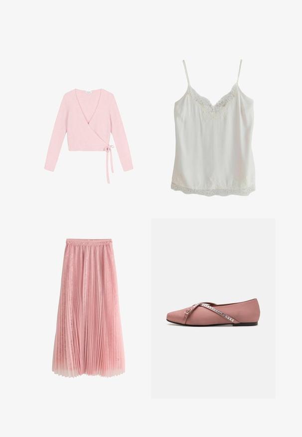 Suéter envolvente de material suave y rosa claro. Cuenta con mangas largas, escote en V pronunciado y cierre con lazo en el lateral. Texturizado con un acabado esponjoso.; Camisola sin mangas blanca con tirantes finos y adorno de encaje en el escote y el dobladillo, hecha de tela suave.; Falda midi plisada rosa con una capa inferior de encaje y cinturilla fruncida, mostrada sobre un fondo blanco.; Bailarinas de satén rosa suave con un diseño de tiras cruzadas adornadas con acentos cuadrados plateados y punta redonda. Suela negra baja.