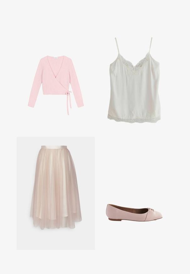 Suéter envolvente de material suave y rosa claro. Cuenta con mangas largas, escote en V pronunciado y cierre con lazo en el lateral. Texturizado con un acabado esponjoso.; Camisola sin mangas blanca con tirantes finos y adorno de encaje en el escote y el dobladillo, hecha de tela suave.; Ida Sjöstedt FLAWLESS SKIRT - Falda acampanada - warm beige; Zapato de ballet en color rosa claro, hecho de un material suave, con punta redonda y un pequeño detalle en forma de nudo en la parte superior. Suela plana.