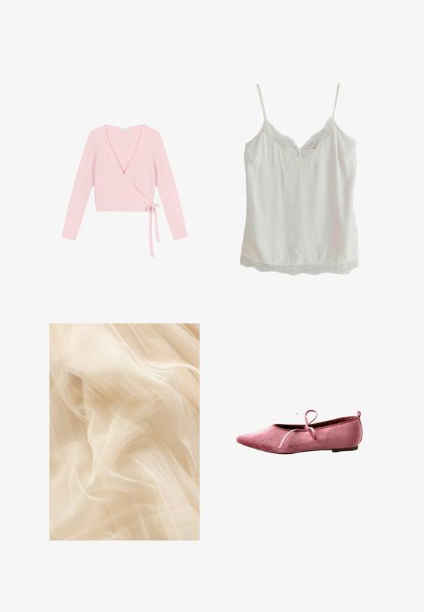 Suéter envolvente de material suave y rosa claro. Cuenta con mangas largas, escote en V pronunciado y cierre con lazo en el lateral. Texturizado con un acabado esponjoso.; Camisola sin mangas blanca con tirantes finos y adorno de encaje en el escote y el dobladillo, hecha de tela suave.; Tela de tul color beige claro con una textura suave y transparente, que presenta un tejido de malla fina que crea suaves ondas y pliegues.; Bailarina de terciopelo rosa con puntera puntiaguda, suela fina y lazo atado en la parte superior.
