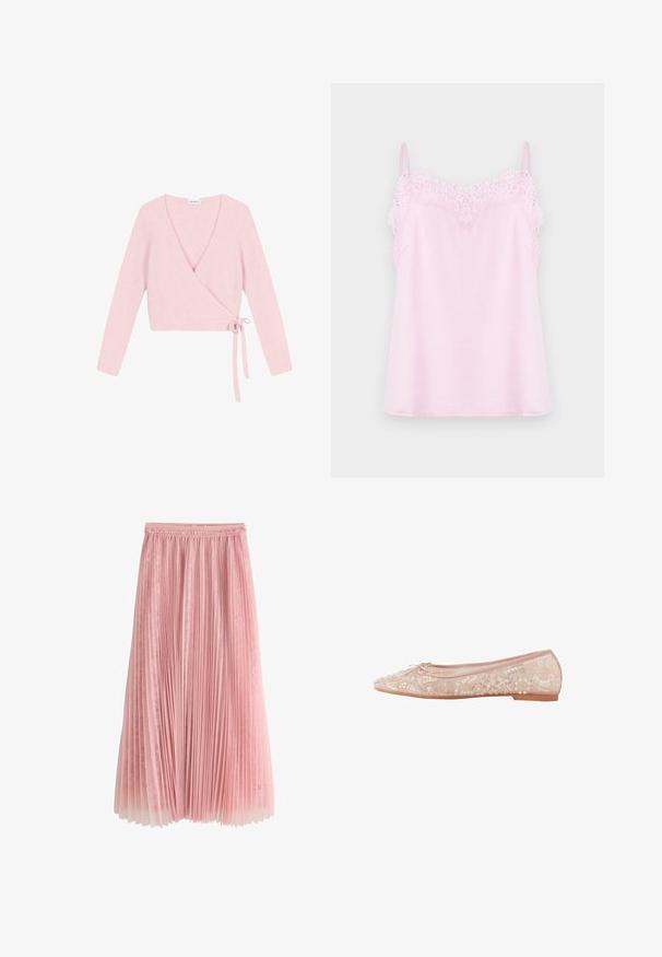 Indpakket sweater i blødt, lyserødt materiale. Har lange ærmer, dyb V-hals og bindelukning på siden. Teksturet har en fuzzy finish.; Lyserød camisole med justerbare stropper, der har en delikat spidskant langs udskæringen og en glat, blød stofoverflade.; Rosa plisseret midi-nederdel med et lag af blonder under og en rynket talje, vist på en hvid baggrund.; Lyserød satin balletflat med blomsterformede palietter og perleperler samt en lille sløjfe på den afrundede tå.