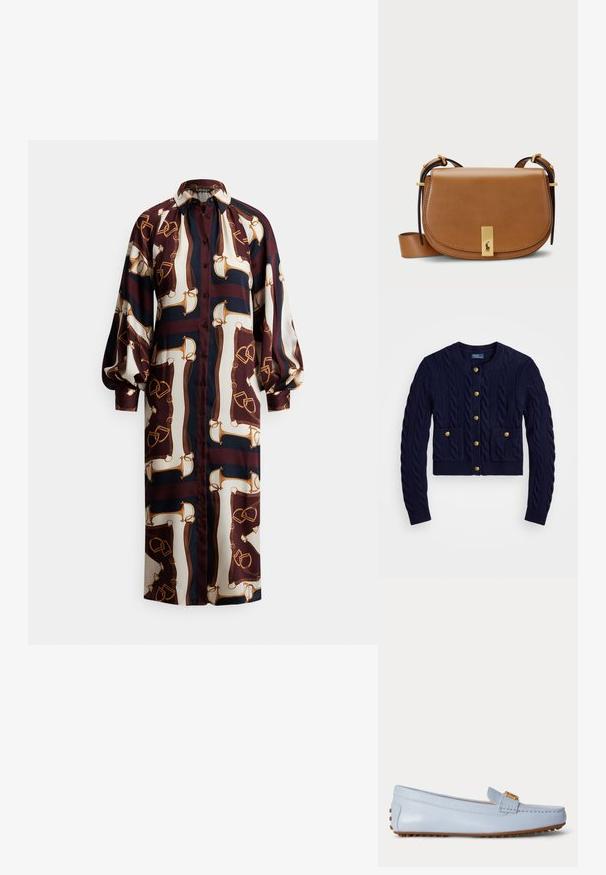 Marineblå strikket cardigan med kabelmønster, med gyldne knapper og to forlommer. Kort længde, ribbede manchetter og kant.; Lang kjole med knapper foran, lavet af glat stof med et geometrisk mønster i bordeaux og creme med ryttertemaer og puffede ærmer.; Lyseblå læderloafer med brune gumminudder på sålen og guldspænde foran, vist i sideprofil.; Tan læder sadeltaske med en buet form, bronzefarvet hardware og et guldaccent på fronten. Justerbar strop for alsidig bæring.