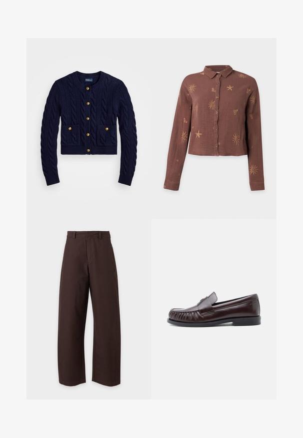 Marineblå strikket cardigan med kabelmønster, med gyldne knapper og to forlommer. Kort længde, ribbede manchetter og kant.; Brun langærmet skjorte med knapper og krave, dekoreret med lyse sol-, søstjerne- og hjerte-mønstre.; Brune bukser med lige ben, bæltestropper og frontlynlås, vist mod en ensfarvet hvid baggrund.; Mørkebrune læder loafers med en rundet tå, plisseret detalje foran, en flad gummisål og en dekorativ rem over vristen.
