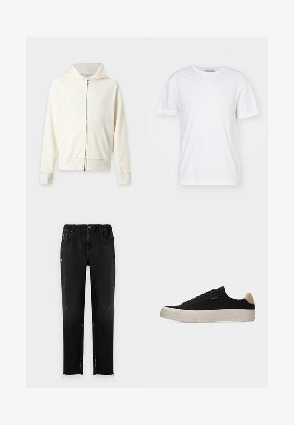 Sweat à capuche zippé côtelé blanc cassé avec poches devant et manches longues, présenté sur un fond clair uni.; T-shirt en coton blanc avec un col rond, des manches courtes et une coupe droite. Sans motifs ni embellissements, texture lisse et design sobre.; Jeans noirs en denim avec une taille élastique, coupe droite, détails usés et ourlet effiloché. Comprend des poches et une fermeture à bouton.; Baskets basses noires avec languette beige au talon, semelle en caoutchouc blanche épaisse, lacets noirs et petite étiquette "PS Paul Smith" sur le côté.