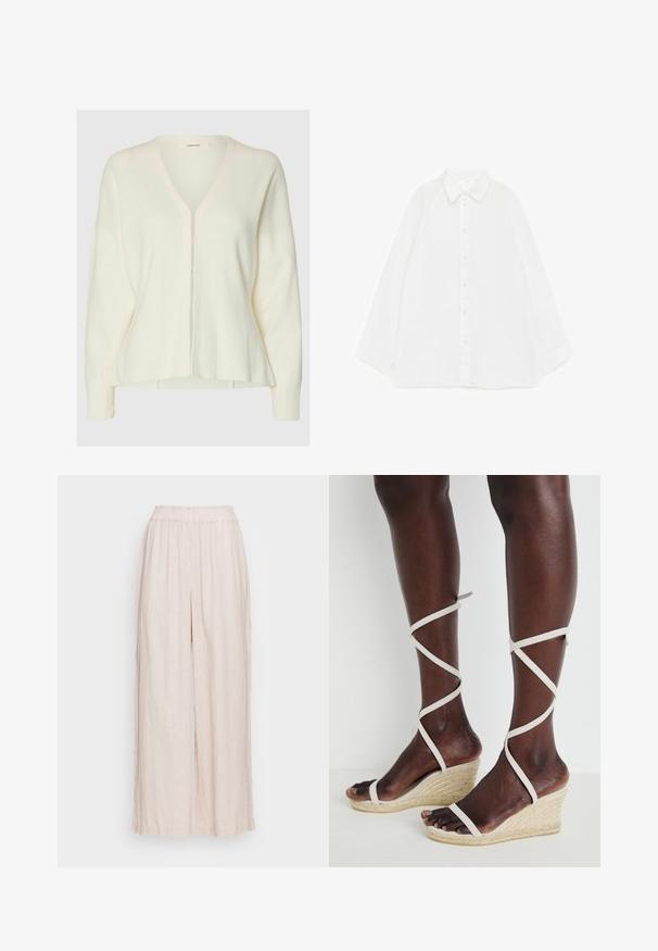 Cardigan tricoté à manches longues de couleur crème, avec un col en V et de petits boutons sur le devant, présentant une coupe légèrement ample et une texture subtile.; Chemise blanche à manches longues avec boutons sur le devant et col pointu, étalée à plat sur un fond blanc, montrant la vue de face.; Pantalons en lin beige clair avec une coupe large et une taille élastique. Texture douce avec un motif tissé subtil sur l'ensemble.; Sandale compensée avec une semelle d'espadrille texturée, des brides beiges entrecroisées autour de la cheville, design à bout ouvert, matériau lisse ressemblant au cuir.