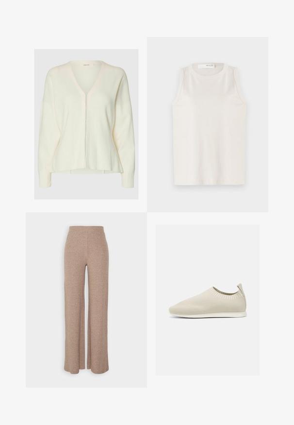 Cardigan tricoté à manches longues de couleur crème, avec un col en V et de petits boutons sur le devant, présentant une coupe légèrement ample et une texture subtile.; Haut sans manches blanc en tissu doux et lisse. Il présente un col rond et un design simple sans embellissements ni motifs.; Pantalons larges en beige à côtes avec une taille haute et une texture douce, présentant une coupe loose et sans fermetures visibles.; Chaussure slip-on en tricot beige avec profil bas, tige texturée et semelle flexible. Présente un design tissé autour de la cheville pour plus de confort.