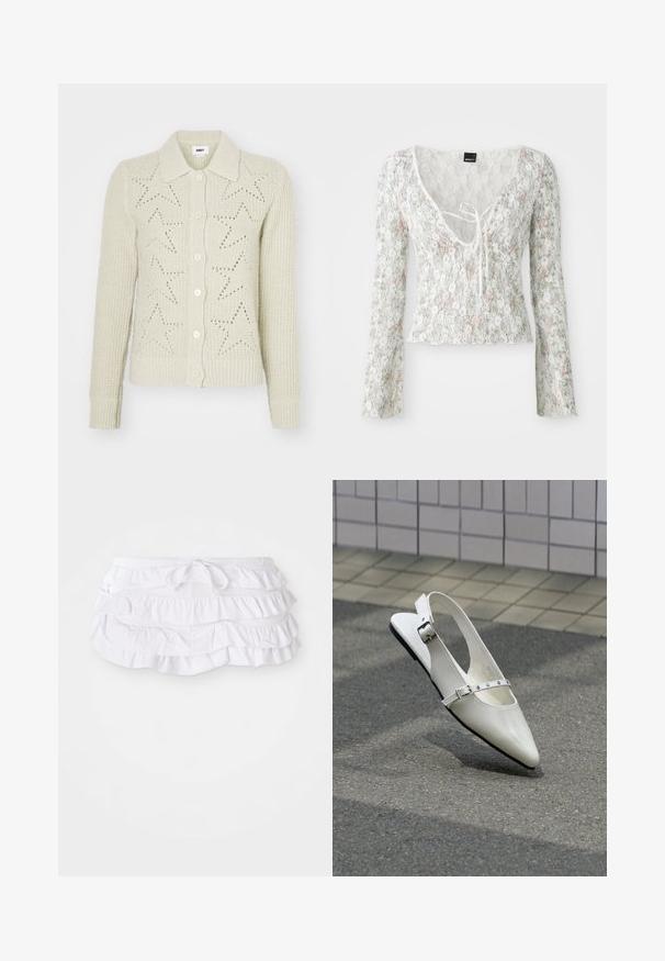 Beige strik cardigan med krave, knaplukning og stjerneudsmykning. Ribbede manchetter og kant tilføjer tekstur.; Hvid blondebluse med lange ærmer, blomsterprint i lyserød og grøn, V-hals med bindebånd, bølget kant.; Hvid rynket svømmedragt med flere lag, der har en justerbar snøre i taljen. Blødt stof med en glat tekstur.; Hvid spids slingback flad sko med to sølvspænder, vist udendørs på tekstureret underlag og flisebelagt væg baggrund.