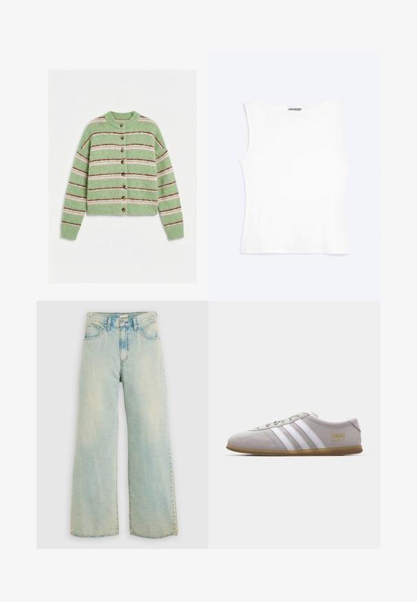 Grøn strikket cardigan med lyserøde og mørkerøde vandrette striber, brune knapper, lange ærmer og ribbet krave, manchetter og kant.; Hvid tætsiddende ærmeløs tanktop med rund halsudskæring og minimalistisk design, mærket "WEEKDAY" indeni kraven.; Lyseblå denim bukser med vide ben har høj talje, falmet finish, fem-lomme design og lige ben med rå kant.; Grå suedestøvle med hvide læderstriber og guldlogo-detalje. Flad gummisål, rund tå og klassisk snølukkedesign.