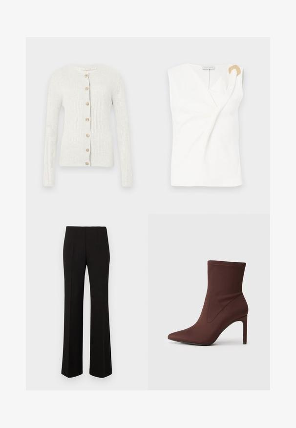 Cardigan côtelé gris clair à manches longues, avec un col rond et sept boutons décoratifs dorés sur le devant.; Blouse sans manches blanche avec un design croisé, présentant un détail décoratif en forme d'anneau doré sur l'épaule droite.; Pantalons droits noirs sur mesure avec taille haute et plis devant, présentés sur un fond uni.; Botte de cheville en tissu stretch marron avec un bout pointu et un talon stiletto de 10 cm. Détails de couture sur les côtés, texture lisse et sans fermetures visibles.