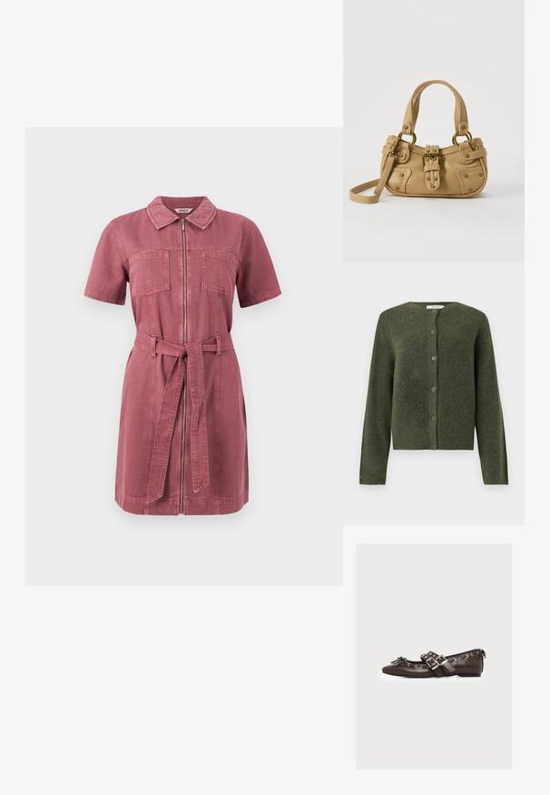 Olivengrøn uld cardigan med knapper, lange ærmer og rund halsudskæring, designet til kvinder.; Kortærmet støvet rosa denimkjole med frontlynlås, to brystlommer, krave og matchende stofbælte bundet i taljen.; Brun læder flad sko med dobbelte sølvspænder, dekorative snørebånd langs kanterne og en lille sløjfe på den spidse tå.; Beige læderhåndtaske med dobbelte håndtag, messing spænde og nitte detaljer samt en justerbar skulderrem mod en hvid baggrund.