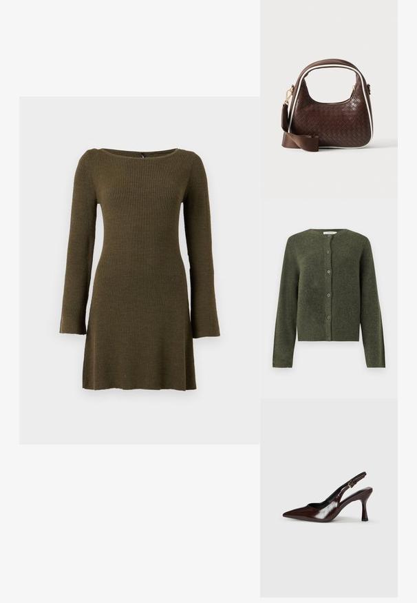 Olivengrøn uld cardigan med knapper, lange ærmer og rund halsudskæring, designet til kvinder.; Langærmet olivengrøn ribstrikket kjole med en let udvidelse ved underkanten og en bred, rund halsudskæring.; Brune patenterede læderslingback-sandaletter med spids tå, en tynd hæl og justerbar rem med en lille spænde.; Brun vævet læderhåndtaske med hvid piping, guldfarvet lynlås og aftagelig brun stofskulderrem.