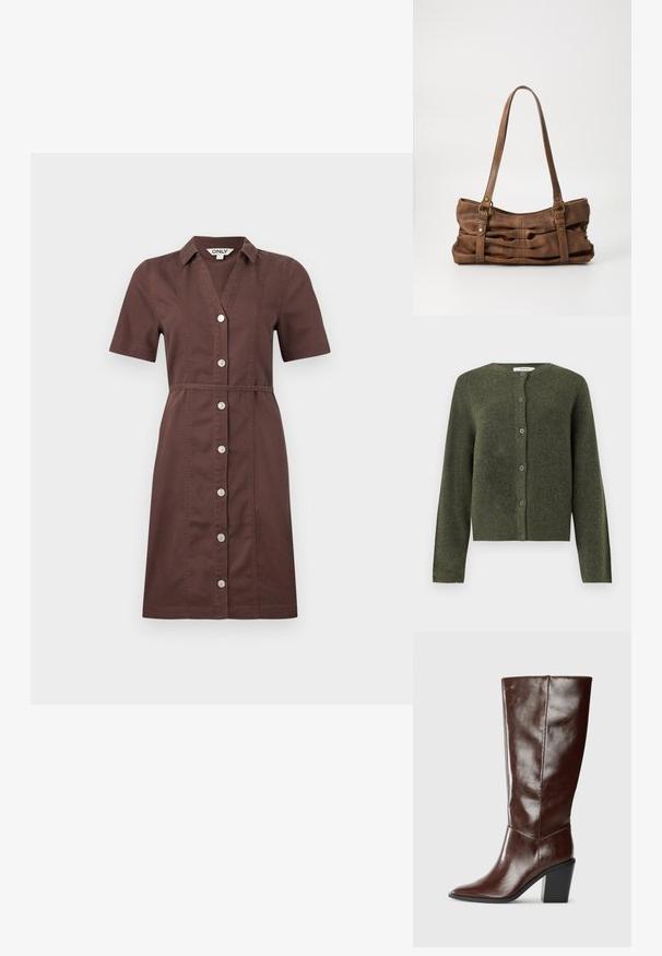 Cardigan en laine vert olive à boutons, manches longues et col rond, conçu pour les femmes.; Robe chemise marron, à manches courtes, longueur au genou, avec des boutons devant, un col et une couture à la taille.; Botte haute en cuir marron foncé avec un bout pointu et un talon empilé, présentée de côté sur un fond uni.; Even&Odd Sac à main - brown