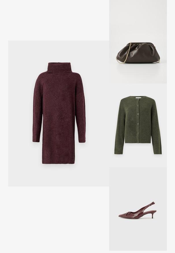 Olivengrøn uld cardigan med knapper, lange ærmer og rund halsudskæring, designet til kvinder.; Bourgogne strikket sweaterkjole med høj ribbet krave, lange ærmer og løs pasform. Blød tekstur med en let børstet finish.; Bordeaux læder slingback hæl med spidse tå, justerbar rem og dekorativ sløjfedetalje foran. 7,5 cm hælhøjde.; Brun læderhandtaske med en sammensnøring, guld kædestrop og blød, struktureret overflade. Kompakt form velegnet til aftensbrug.