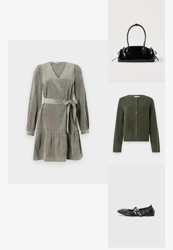 Olivengrøn uld cardigan med knapper, lange ærmer og rund halsudskæring, designet til kvinder.; Grå corduroy kjole med V-hals, lange puffærmer, bånd i livet og en udskåret nederdel med lagdelt kant. Blød tekstur og struktureret design.; Sorte læder flade sko med spids tå, samling detaljer omkring åbningen, og en sølv spænde accent på den justerbare rem.; Lille sort blank håndtaske med to lange håndtag og snøre-detaljer i siden på en ensfarvet lys baggrund.
