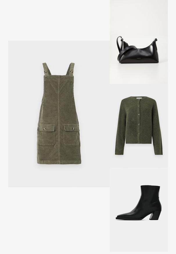 Olivgrüner, wollener Knopf-Cardigan mit langen Ärmeln und rundem Ausschnitt, für Damen entworfen.; Olivgrünes Corduroy-Latzkleid mit verstellbaren Trägern, zwei vorderen Taschen und geradem Schnitt. Strukturierten Stoff.; Schwarze Leder-Stiefelette mit spitzem Zeh, schlanker Silhouette und klobigem quadratischem Absatz. Glatte Textur mit minimalen Nähdetails.; Schwarze lederne Handtasche mit glatter Textur. Verfügt über einen verstellbaren Riemen und ein elegantes, minimalistisches Design mit einem Reißverschluss.