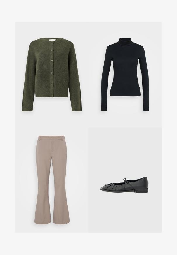 Olivengrøn uld cardigan med knapper, lange ærmer og rund halsudskæring, designet til kvinder.; Sort langærmet ribbestrikket sweater med høj hals og tætsiddende silhuet på en lys ensfarvet baggrund.; Gina Tricot Tall RELAXED TROUSERS - Bukser - taupe; Sort flad sko med plisseret forstykke og bundet sløjfe på toppen, lav hæl og glat tekstur på en lysegrå baggrund.
