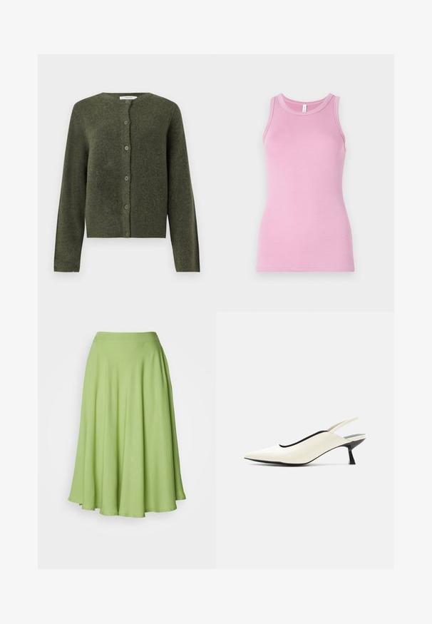 Olivengrøn uld cardigan med knapper, lange ærmer og rund halsudskæring, designet til kvinder.; Rosa tanktop med en tætsiddende design, der har en rund halsudskæring og ribbet tekstur. Ingen mønstre eller accenter til stede.; Knælange, A-formede nederdel i levende grøn stof. Glat tekstur med bred talje og flydende silhuet.; Cremefarvet spids tå slingback-sko med lav sort kittenhæl og glat læderfinish på hvid baggrund.
