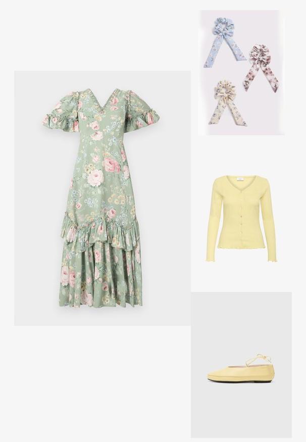 Lys gul cardigan med ribbet tekstur, V-hals, lange ærmer og seks knapper. Har en flagrende kant og fint detaljeret mønster.; Blomstret maxi-kjole i blød grøn med V-hals, puf ærmer, flæsedetaljer og et tieret kant. Har pink roser og små blå blomster.; Gule læderballetsko med rund tå, tynd ankelstrop og sort gummisål. Glat tekstur med minimale design detaljer.; Tre stofhårtilbehør: lyseblå med blomsterprint, blød beige med blomster og pink med blomsterdesign, hver med båndhaler.