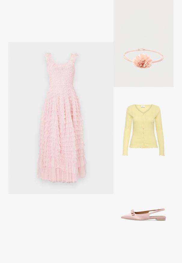 Cardigan jaune clair avec une texture côtelée, col en V, manches longues et six boutons. Présente un ourlet volanté et un motif finement détaillé.; Robe rose à volants avec un corsage ajusté et une jupe superposée texturée. Présente un décolleté arrondi et des accents délicats de volants aux épaules.; Chaussure slingback plate rose clair pointue avec un petit talon et un double nœud décoratif sur le bout.; Bandeau élastique rose avec une fleur en tissu doux aux pétales superposés au centre sur fond blanc.