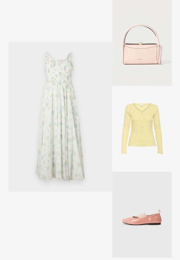 Cardigan jaune clair avec une texture côtelée, col en V, manches longues et six boutons. Présente un ourlet volanté et un motif finement détaillé.; Robe maxi blanche sans manches avec corsage smocké, bretelles à volants et imprimé floral bleu et jaune.; Ballerines synthétiques roses avec une texture brillante, un bout carré et une bande élastique douce sur le cou-de-pied. Semelle en caoutchouc noire et tirette à l'arrière.; Sac à main en cuir rose pâle avec poignée arrondie, fermoir doré et bandoulière amovible, design minimaliste, logo Furla sur le devant.