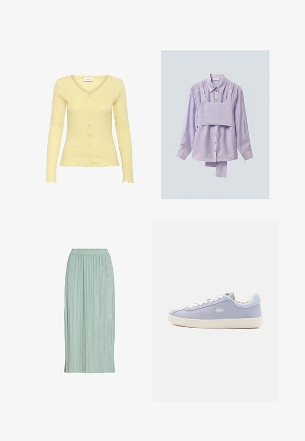 Lys gul cardigan med ribbet tekstur, V-hals, lange ærmer og seks knapper. Har en flagrende kant og fint detaljeret mønster.; Lyserød langærmet skjorte med knapper, med påsyet cropped tanktop og ekstra stof, der hænger under skjortens kant.; Lysegrøn plisseret midinederdel med elastisk talje, lige pasform og let stof.; Lysblå ruskindsneakers med rund tå, hvid gummisål og hvide snørebånd. Har et diskret præget logo på siden.