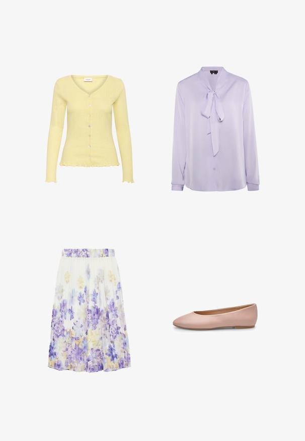 Cardigan jaune clair avec une texture côtelée, col en V, manches longues et six boutons. Présente un ourlet volanté et un motif finement détaillé.; Blouse lavande avec un col à nouer, manches longues et fermeture à boutons. Tissu lisse avec un léger éclat, présentant des détails de conception minimalistes.; Jupe plissée blanche avec un motif floral dans des tons de violet, bleu et jaune pâle, dotée d'une ceinture élastique.; Ballerine plate en cuir rose avec un bout pointu, une texture lisse, des accents minimaux et une semelle solide marron clair. Design simple, sans ornements.