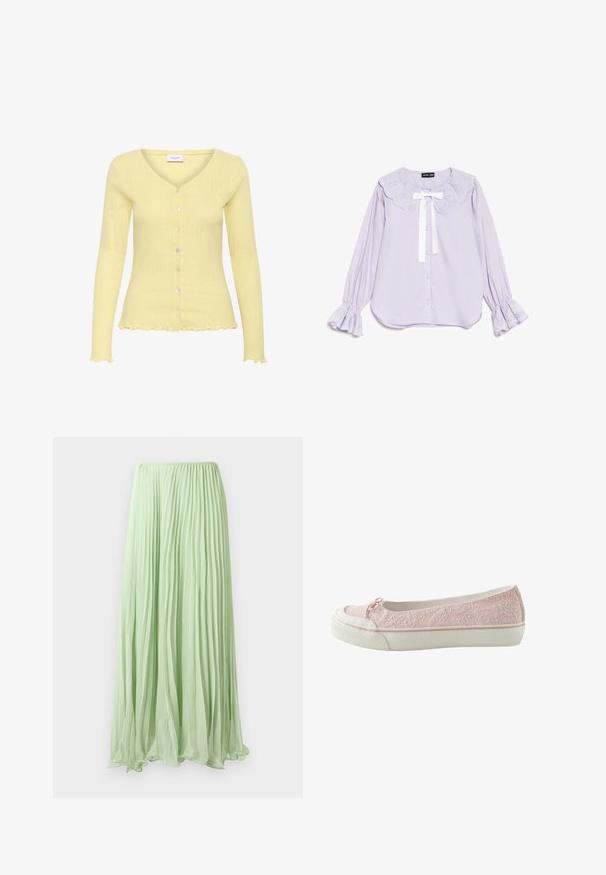 Cardigan jaune clair avec une texture côtelée, col en V, manches longues et six boutons. Présente un ourlet volanté et un motif finement détaillé.; Blouse à manches longues en lavande avec col en dentelle festonné, nœud en ruban blanc, fermeture boutonnée sur le devant et poignets en dentelle à volants.; Jupe longue plissée vert clair avec un tissu fluide et une taille élastique, présentée sur un fond blanc.; Chaussure légère rose clair sans lacets avec motif floral texturé, semelle en caoutchouc blanche, embout et petit nœud près de l'avant.