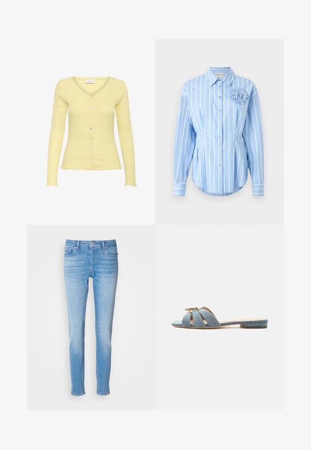 Lys gul cardigan med ribbet tekstur, V-hals, lange ærmer og seks knapper. Har en flagrende kant og fint detaljeret mønster.; Lyseblå skjorte med knapper og hvide vertikale striber, med en stofblomst som accent på venstre bryst og tilspidsede manchetter.; Lyseblå denimjeans med slim fit, fem lommer og klassisk knaplukning. Stoffet har en blød, slidtegnende tekstur.; Blå denim flad slip-sandal med tre brede remme og en lille guldlås detalje på hvid baggrund.