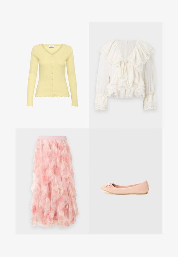 Lys gul cardigan med ribbet tekstur, V-hals, lange ærmer og seks knapper. Har en flagrende kant og fint detaljeret mønster.; Hvid bluse med et lagdelt, volangdesign, blondebånd på ærmerne og kanten, samt en V-hals med snorelukning.; Pink lagdelt tyll midi nederdel med blomsterprint og elastisk taljebånd, med bløde flæseteksturer.; Ballet flade sko i lys pink syntetisk materiale med en rund tå, der har en lille sløjfedetalje og en fleksibel sål.