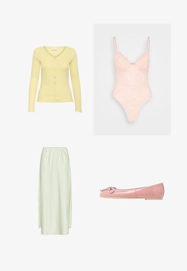 Heled kollane kardigan ribatud tekstuuriga, V-kaelusega, pikkade varrukatega ja kuue nööbiga. Omab volangiga äärt ja peenelt detailset mustrit.; IN THE STYLE LINGERIE BODYSUIT - Topp - rosé; Pikk heleroheline seelik elastse vöökohaga ja lõhikute poolte mõlemal küljel, valmistatud siledast, kergest kangast.; Roosa patenta nahast balletijalatsid, millel on ümar varvas, nöördetail esiosas ja beež kummitald. Sile, läikiv pind kogu ulatuses.