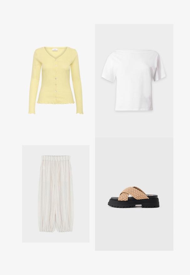 Lys gul cardigan med ribbet tekstur, V-hals, lange ærmer og seks knapper. Har en flagrende kant og fint detaljeret mønster.; Hvid T-shirt med korte ærmer, bred halsudskæring og lige kant, vist på en ensfarvet lysegrå baggrund.; Hvide bukser med vide ben med tynde lodrette sorte striber, elastisk talje og elastiske manchetter ved anklerne.; Kraftig sort platformsandal med brede beige fletninger, der krydser over foden, og en tekstureret sål for bedre greb.